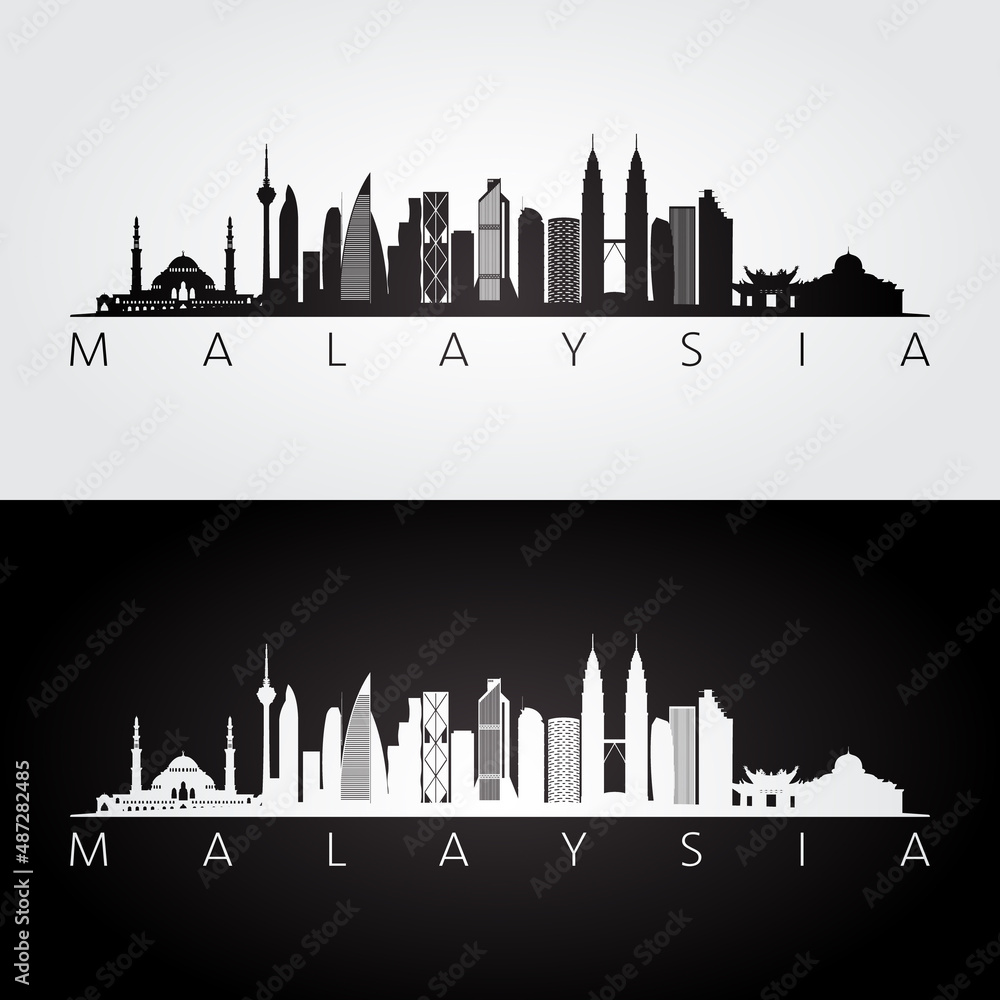 Obraz premium Malaysia skyline and landmarks silhouette, black and white design, vector illustration.