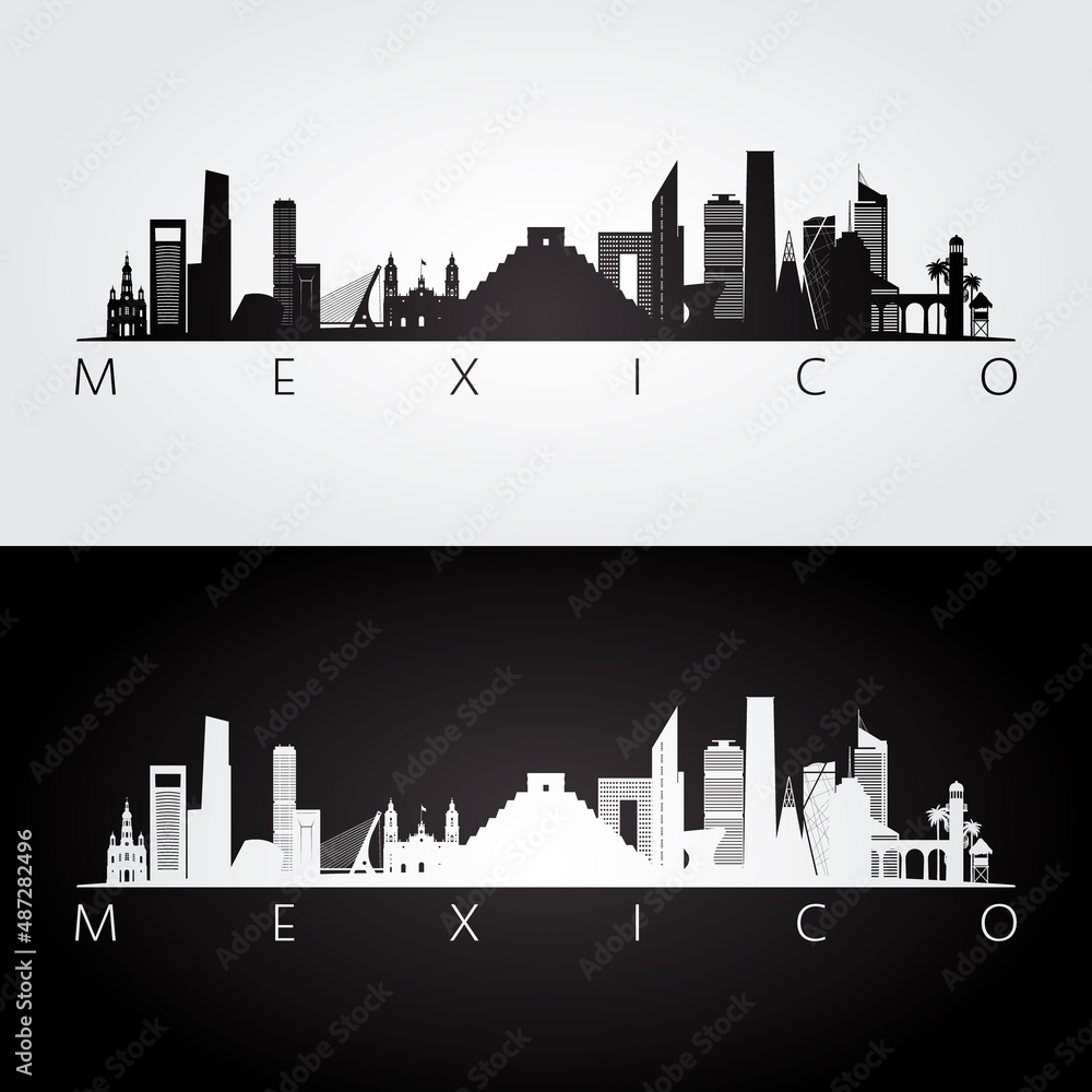 Mexico skyline and landmarks silhouette, black and white design. Country landscape. vector illustration.