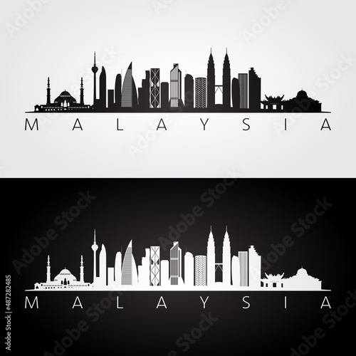 Malaysia skyline and landmarks silhouette, black and white design, vector illustration.