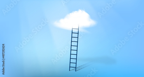 Ladder to the sky. Stairway to the top. Career achievment concept. Stepladder reaching heaven. Success or promotion concept