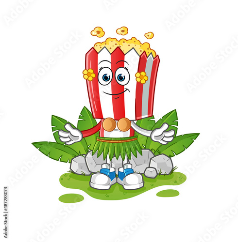 popcorn head cartoon hawaiian waving character. cartoon vector