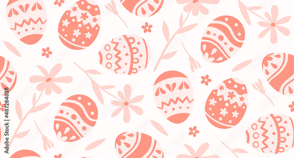Easter egg seamless pattern. Fowers, leaves around eggs. Vector illustration.