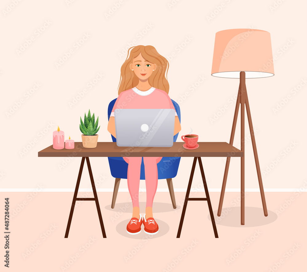 Fototapeta premium Woman sits at a table, works at home at a computer. Remote work, freelance, home office, programming, training. Vector illustration.