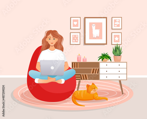 Woman is sitting on a bean bag chair at home at a laptop computer. Remote work, office at home, programming, freelance. Study at home in quarantine. Vector illustration. Cozy interior with a cat.