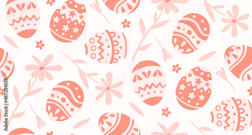 Easter egg seamless pattern. Fowers, leaves around eggs. Vector illustration.