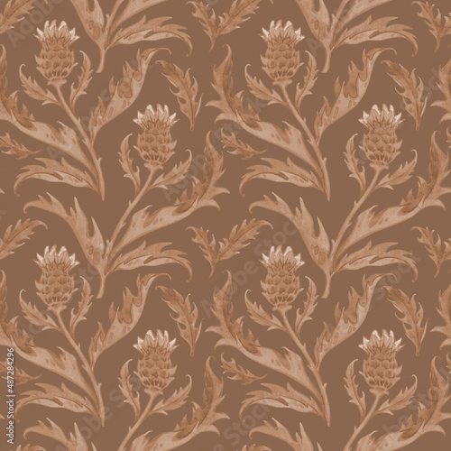 Vintage sepia watercolor pattern with thistle. Wild flowers hand drawn illustration. Meadow herbs on beige background.