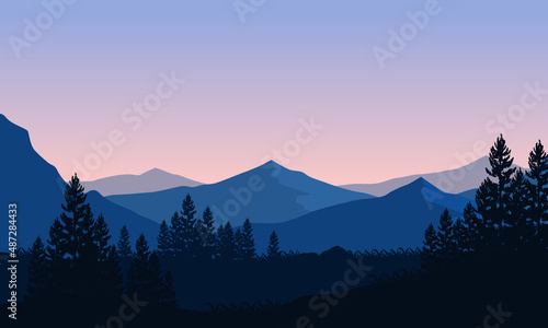 Magnificent mountain view from sunset with aesthetic silhouette of pine trees