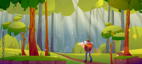Hiking sport, orienteering, travel journey, adventure concept. Traveler with backpack in deep forest, tourist stand at beautiful wood landscape look in map check the route Cartoon vector illustration