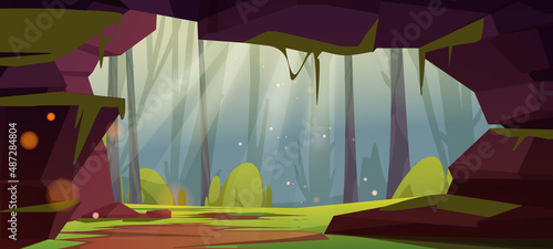 Jungle cave entrance, hole in rock with green trees, grass, moss and hanging lianas view from inside. Cartoon background with hidden underground tunnel or cavern, nature landscape, Vector illustration