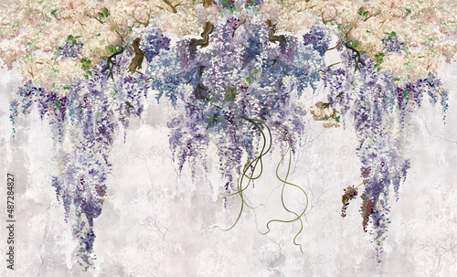 Fototapeta samoprzylepna kolorowe kwiaty bzu zwisające z góry na strukturalnym tle