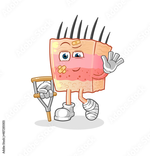 skin structure sick with limping stick. cartoon mascot vector