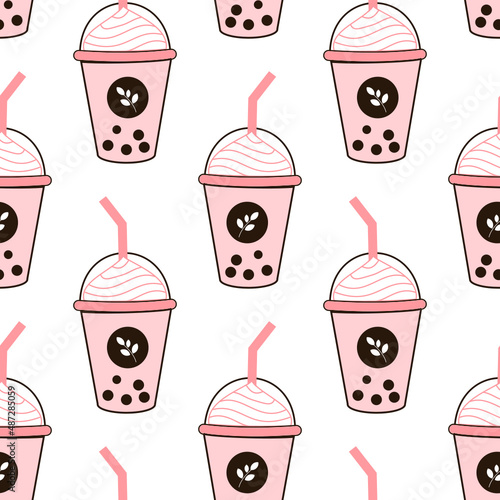 Seamless pattern with bubble milk tea cups on white background. 