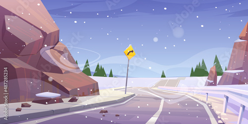 Winter mountain asphalt road with fencing and turn sign under falling snow. Curly empty highway and rocks at wintertime countryside landscape, Cartoon background with dull sky, vector illustration