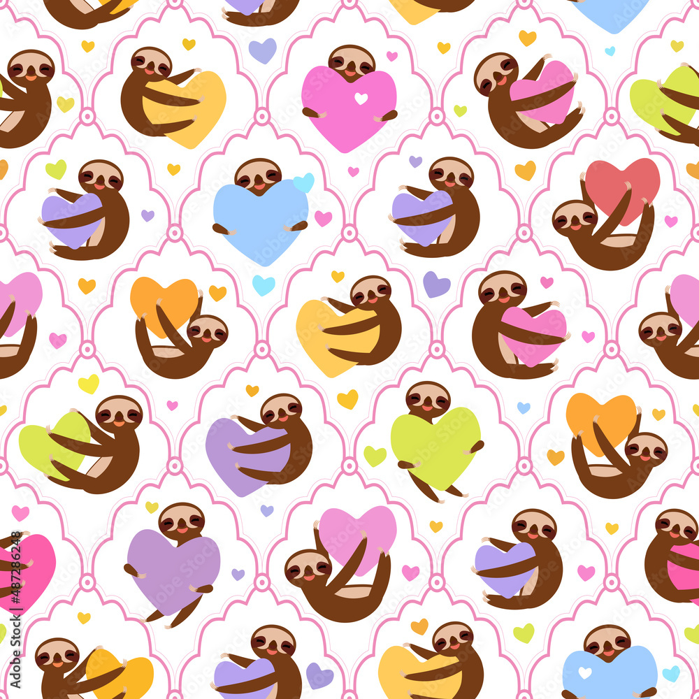 Seamless pattern Three-toed sloth holding pink, yellow, lilac, orange, blue, green heart, isolated on white background. Valentine's Day damask. Funny Kawaii animal for fabrics, wallpapers. Vector Seamless pattern Three-toed sloth holding pink, yellow, lilac, orange, blue, green heart, isolated on white background. Valentine's Day damask. Funny Kawaii animal for fabrics, wallpapers. Vector