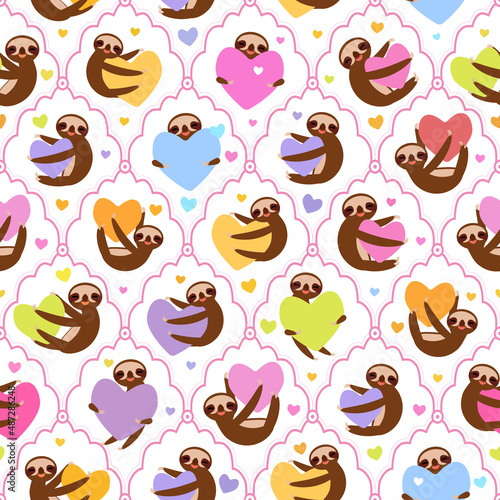 Seamless pattern Three-toed sloth holding pink, yellow, lilac, orange, blue, green heart, isolated on white background. Valentine's Day damask. Funny Kawaii animal for fabrics, wallpapers. Vector