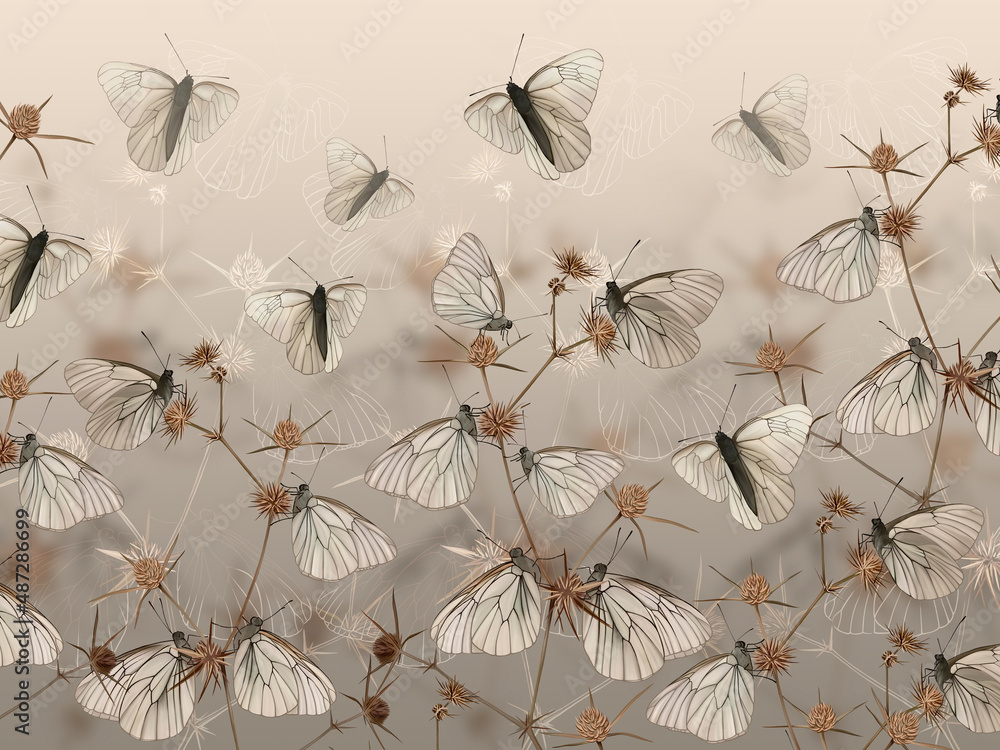 Drawn butterflies on thorns. Wall mural, wallpaper, in the style of classic, baroque, modern, rococo. Brown photo wallpaper design. - obrazy, fototapety, plakaty 