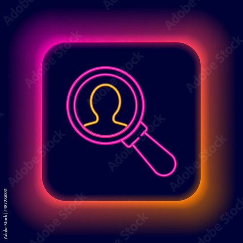 Glowing neon line Magnifying glass for search a people icon isolated on black background. Recruitment or selection concept. Search for employees and job. Colorful outline concept. Vector