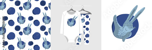Seamless pattern and illustration set with rabbit waving hello to us from his mink. Baby design pajamas, background for apparel, room decor, tee prints, baby shower, fabric design, wrapping
