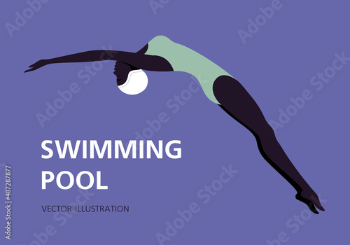 African woman in swimsuit is jumping into the water and swimming in the pool. Water sports. Vector flat illustration