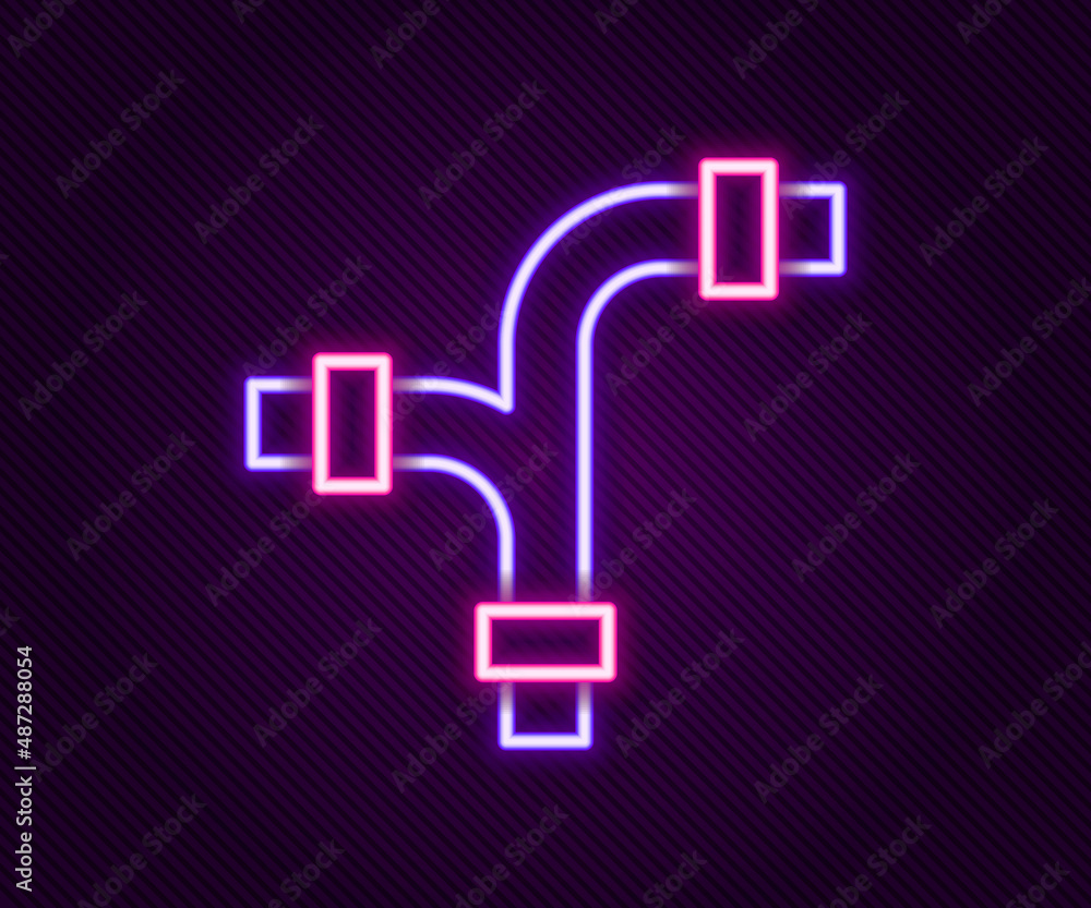 Obraz premium Glowing neon line Industry metallic pipe icon isolated on black background. Plumbing pipeline parts of different shapes. Colorful outline concept. Vector