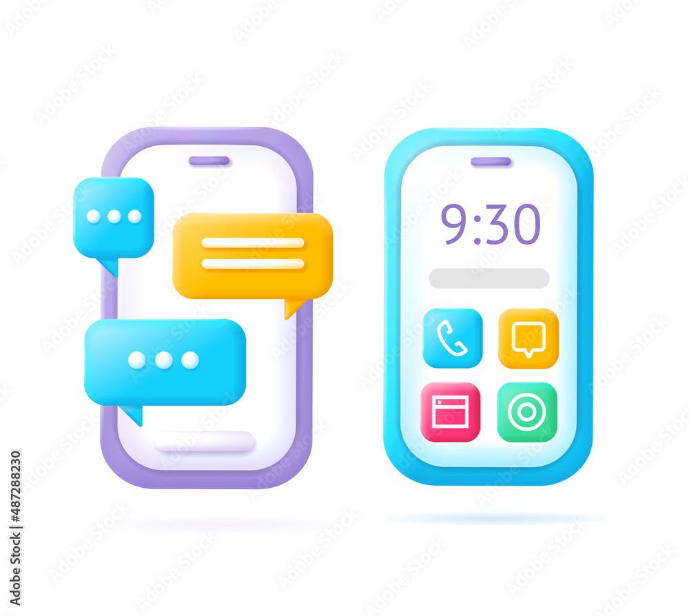 3d Mobile Phone and Speech Bubbles Set Plasticine Cartoon Style. Vector 3d Mobile Phone and Speech Bubbles Set Plasticine Cartoon Style. Vector