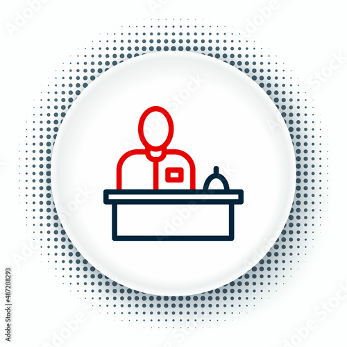 Line Receptionist standing at hotel reception desk icon isolated on white background. Colorful outline concept. Vector