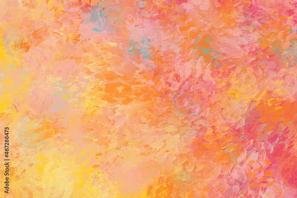 春の油絵抽象背景）黄色とオレンジとピンク　点描風　温かい　手描き　ナチュラル　カラフル　ブラシ