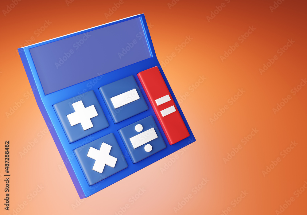 Calculator with big buttons. Calculator as symbol of bookkeeping and accounting. Blue calculator in cartoon style. Financial device with blank screen. Device for mathematical calculations. 3d image Calculator with big buttons. Calculator as symbol of bookkeeping and accounting. Blue calculator in cartoon style. Financial device with blank screen. Device for mathematical calculations. 3d image