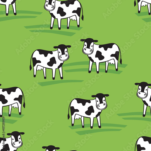 Dairy cows standing on the ground against the background of fields. Cute seamless pattern for textile  fabric manufacturing  wallpaper  covers  surface  print  gift wrap  scrapbooking. Vector.