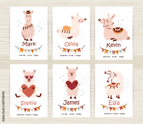 Newborn metrics collection. Baby shower invitation posters with cute llamas for girl and boy.