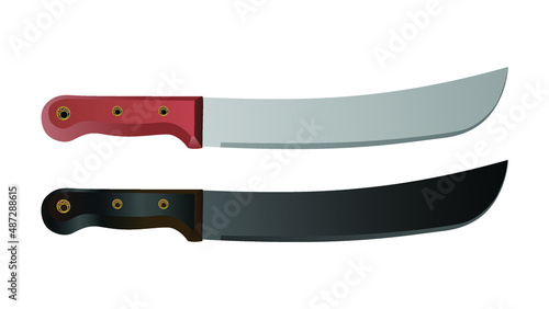 Large machete, Set of two big knife isolated on white background. Vector short heavy sharp blade knife, the short Sword, jungle sword