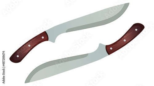 Large machete, Set of two big knife isolated on white background. Vector short heavy sharp blade knife, the short Sword, jungle sword