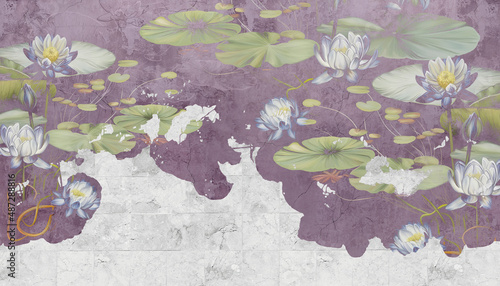 Fototapeta lilie wodne namalowane na betonowym tle