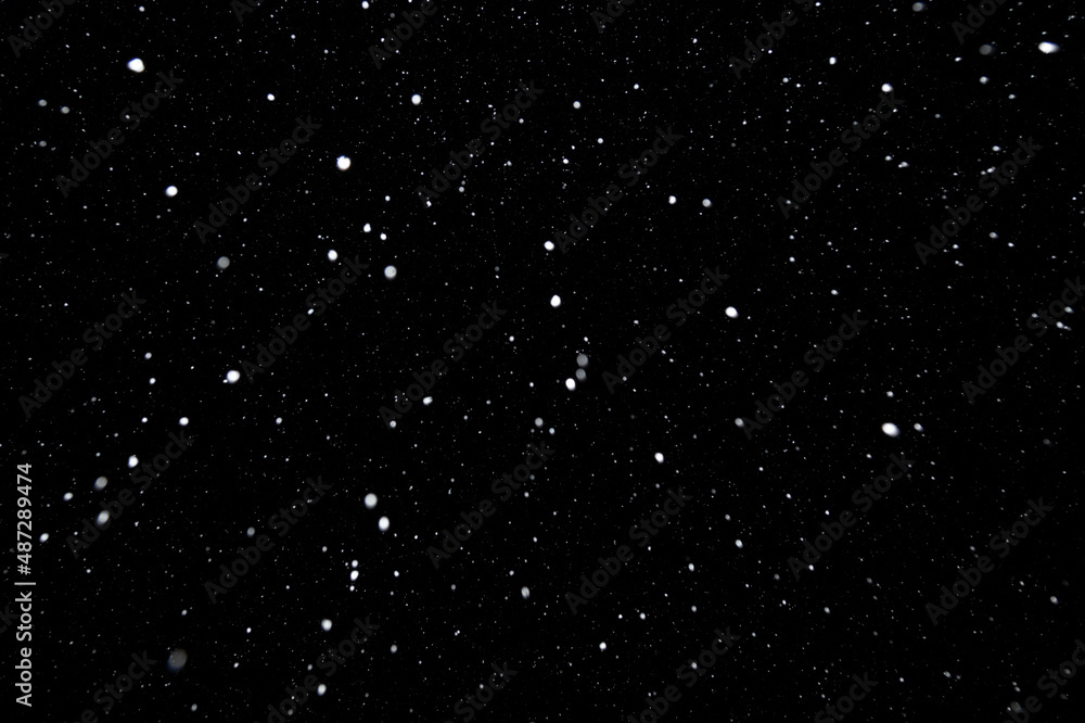 Real falling white snow against black night sky in the winter. Snowing at dark.