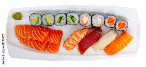 Sashimi and sushi combo. Isolated over white background