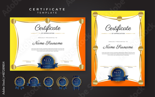 Blue and orange yellow certificate of achievement border template with luxury badge and modern line pattern. For award, business, and education needs