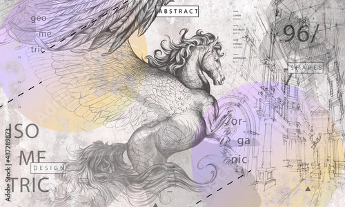 Beautiful graphic drawn pegasus with wings and geometry on a grey concrete grunge wall. Design for wallpaper, fresco, mural, card, postcard. Illustration in the loft, classic, modern style.