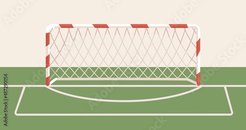 Handball goal net. Football and soccer ball post on grass field with lines. Gates front view for sports game. Goalnet on lawn. Goalpost in gym. Colored flat vector illustration photo