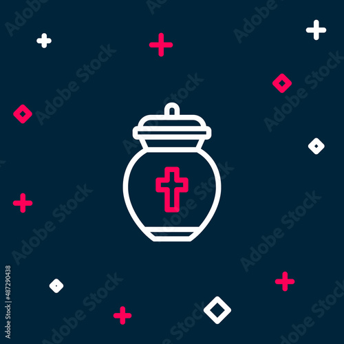 Line Funeral urn icon isolated on blue background. Cremation and burial containers, columbarium vases, jars and pots with ashes. Colorful outline concept. Vector