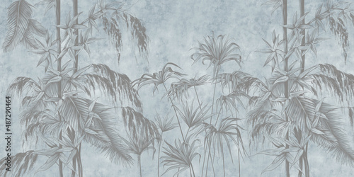 Graphic exotic plants on the concrete grunge wall. Design for photo wallpaper, wallpaper, mural. Design in the loft, classic, modern style. Tropical leaves and bamboo branches. © Natalia
