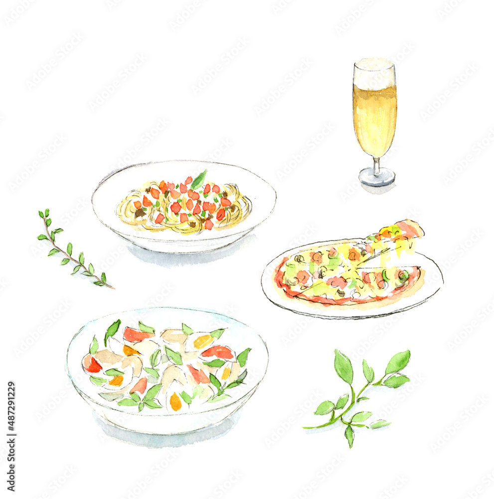イタリアンの料理 ピザとパスタとサラダ 水彩イラスト 影あり アナログ手描き Stock Illustration Adobe Stock イタリアンの料理 ピザとパスタとサラダ 水彩イラスト 影あり アナログ手描き Stock Illustration Adobe Stock