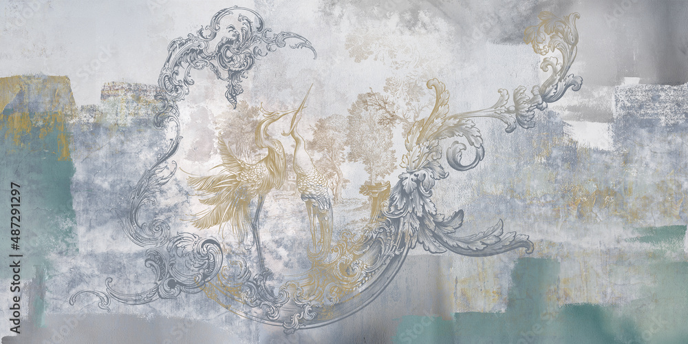 Wall mural, wallpaper, in the style of loft, classic, baroque, modern, rococo. Wall mural with graphic birds and patterns on concrete grunge background. Light, delicate photo wallpaper design. - obrazy, fototapety, plakaty 