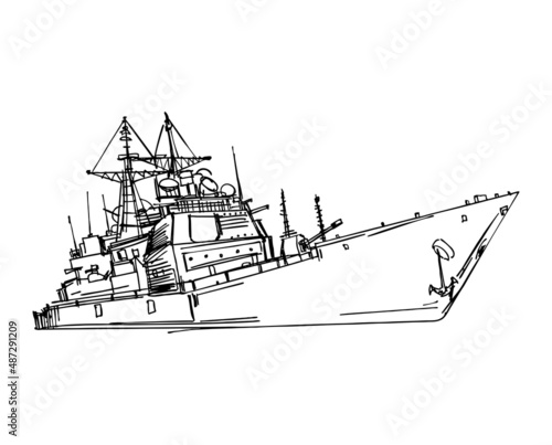 Military ship hand drawing. Aircraft carrier sketch. Vector illustration