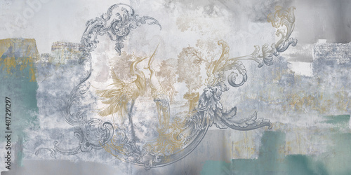 Wall mural, wallpaper, in the style of loft, classic, baroque, modern, rococo. Wall mural with graphic birds and patterns on concrete grunge background. Light, delicate photo wallpaper design.