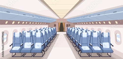 Airplane interior with seats and aisle in perspective view. Inside modern empty air plane. Aircraft with reclining chairs and windows. Passenger aeroplane salon. Colored flat vector illustration © Good Studio