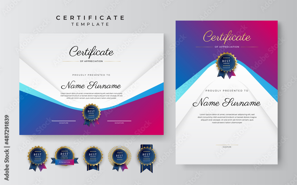 Blue and pink purple technology certificate of achievement border ...