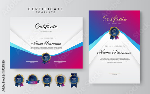 Blue and pink purple technology certificate of achievement border template with luxury badge and modern line pattern. For award, business, and education needs