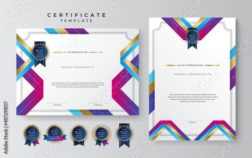 Blue and pink purple technology certificate of achievement border template with luxury badge and modern line pattern. For award, business, and education needs