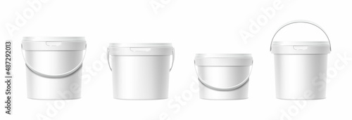 3d realistic vector icon set. Different shapes white plastic bucket with lid. Front view. 