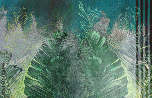 Fototapeta samoprzylepna duże tropikalne szkicowane liście na teksturowym tle